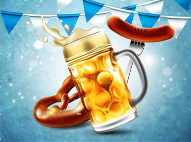Reklam öğeleri geleneksel bira festivali Oktoberfest için yiyecek ve içecek. Bira bardağı, sosis ve çubuk kraker. Son derece detaylı çizim.
