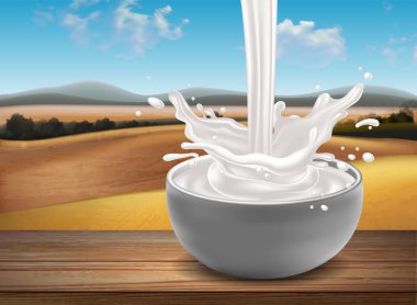 bardak süt bir ahşap tahta karşı doğal peyzaj zemin üzerinde. Yüksek detaylı gerçekçi illüstrasyon