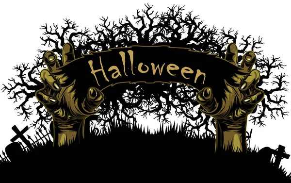 Fondo Halloween Con Dos Manos Torcidas Sosteniendo Cartel Halloween — Vector de stock