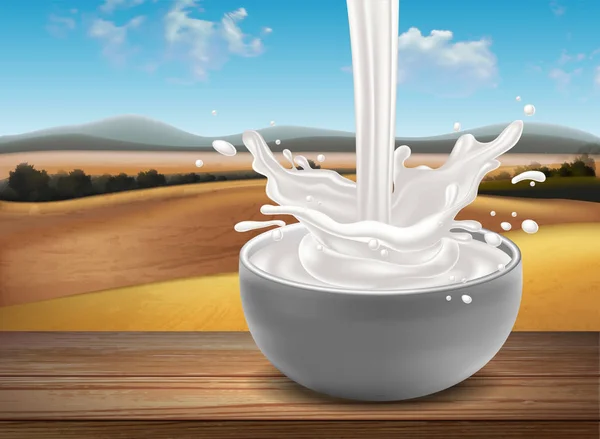 一杯牛奶在木板上 在自然景观的背景下 高详细的现实例证 — 图库矢量图片