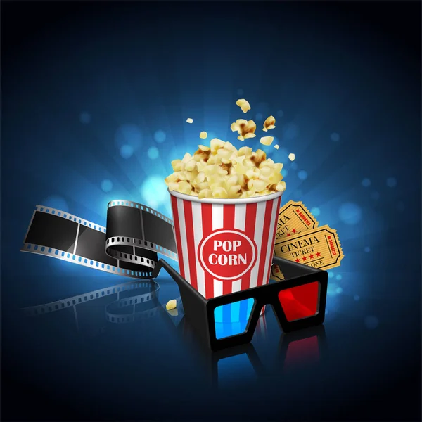 Ilustrace Pro Filmový Průmysl Film Popcorn Lístky Reflexním Povrchu Pozadí — Stockový vektor