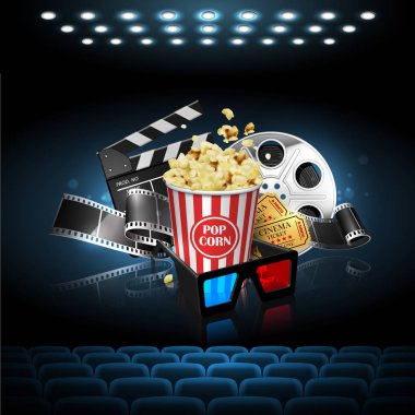 İllüstrasyon film sanayî için. Patlamış mısır, makara, film ve sinema ekranında Klaket... Son derece detaylı çizim