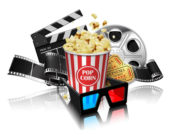 Illustration Pour Industrie Cinématographique Popcorn Bobine Film Clapperboard Sur Fond — Image vectorielle