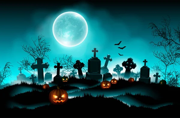 Fond Nuit Halloween Avec Cimetière Une Lune Illustration Réaliste Détaillée — Image vectorielle