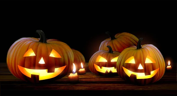 Fond Halloween Avec Des Têtes Citrouille Rougeoyantes Illustration Réaliste Détaillée — Image vectorielle