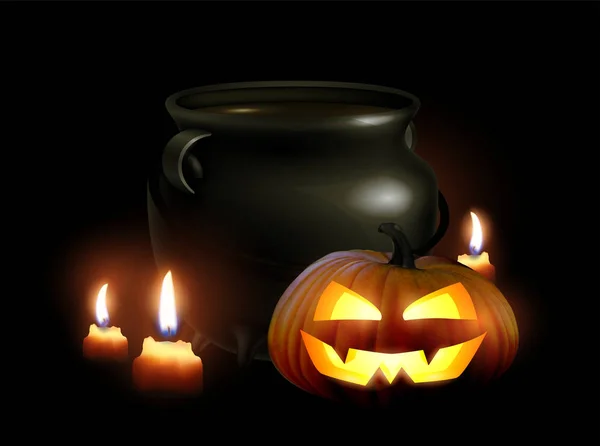 Głowice Tła Świecącymi Dyni Halloween Pot Świece Szczegółowe Realistyczne Ilustracja — Wektor stockowy
