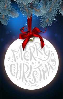 Noel top yazıt Merry Christmas jn mavi arka plan ile. Son derece gerçekçi illüstrasyon.
