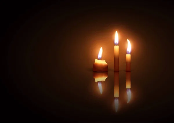 Tre Candele Accese Sfondo Scuro Con Effetto Riflesso Illustrazione Altamente — Vettoriale Stock