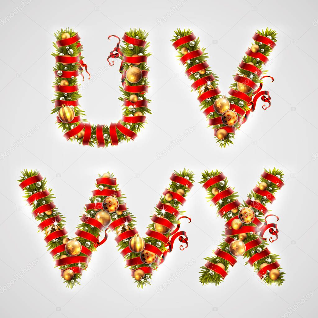 Christmas font. Four decorative christmas letters  of Christmas tree branches, decorated with a red ribbon and golden balls. Highly realistic illustration.