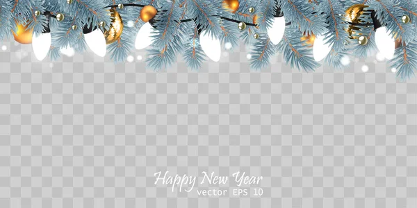 Kerstmis Nieuwjaar Achtergrond Met Feestelijke Decoratie Garland Gouden Ballen Kerstboom — Stockvector