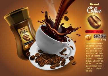 Kahve fincan kahve ve kahve kavanoz, yüksek Detaylı gerçekçi illüstrasyon ile reklam tasarım