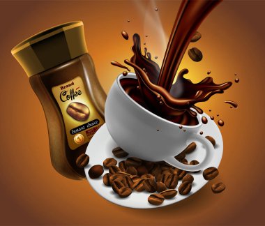 Kahve reklam sıçrama elemanları ile yüksek gerçekçi şeffaf illüstrasyon uygulama projesi.