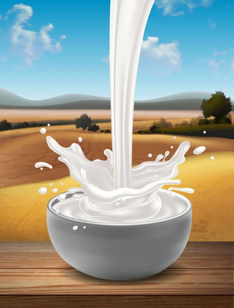 Bardak Süt Bir Ahşap Tahta Karşı Doğal Peyzaj Zemin Üzerinde — Stok Vektör