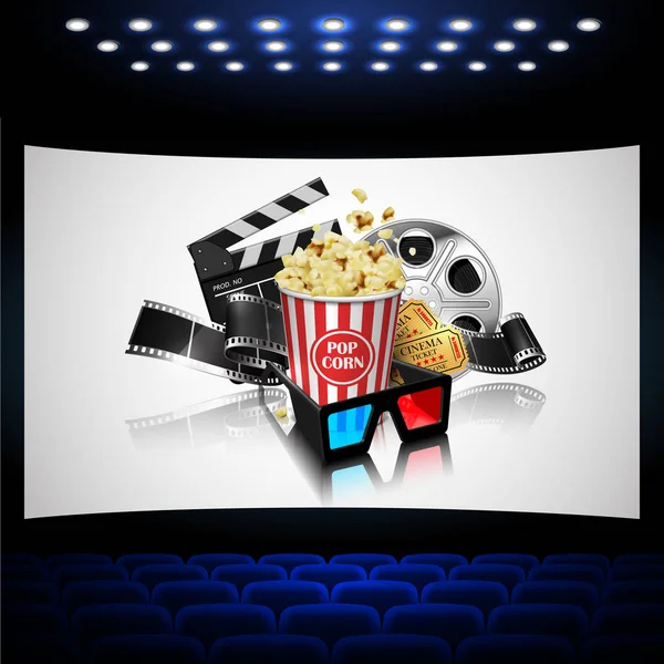 Illustratie Voor Filmindustrie Popcorn Rollen Film Filmklapper Het Scherm Van — Stockvector