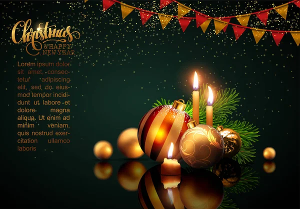 Tarjeta Felicitación Feliz Navidad Feliz Año Nuevo Bolas Doradas Velas — Vector de stock