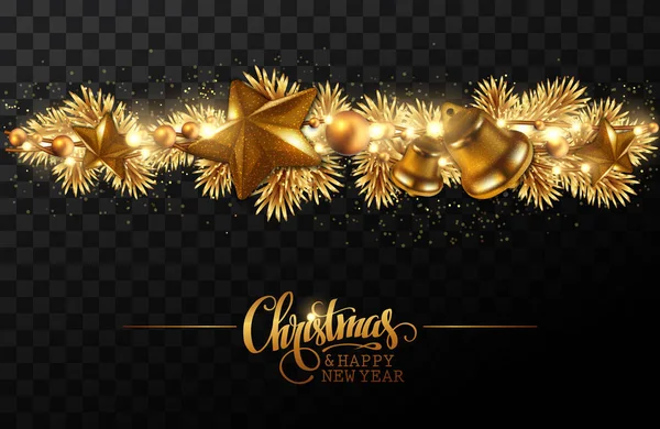 クリスマスと新年の背景 星と鐘と挨拶碑文と黄金のガーランド 高詳細なリアルなイラスト — ストックベクタ