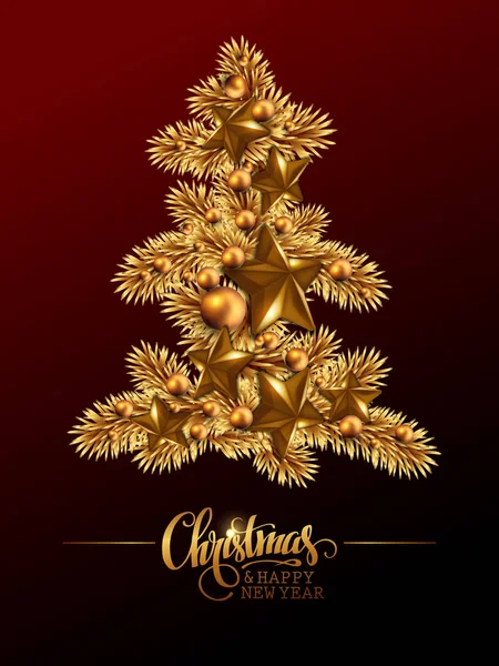 Karácsonyi Újévi Háttér Golden Christmas Tree Golyó Csillagok Köszöntő Felirat — Stock Vector