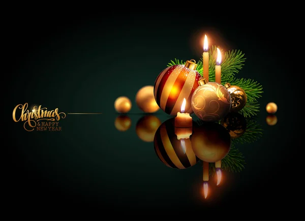 Feliz Natal Feliz Ano Novo Bolas Douradas Velas Ardentes Uma Ilustrações De Bancos De Imagens Sem Royalties