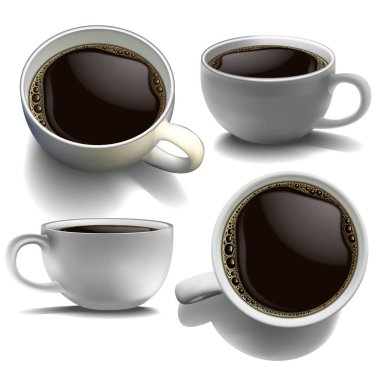 Dört fincan kahve gölge beyaz zemin üzerine farklı açıları ile. Yüksek detaylı gerçekçi illüstrasyon.