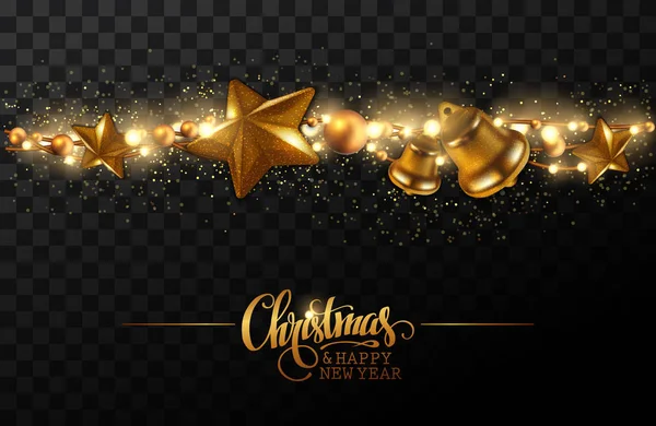 クリスマスと新年の背景 星と透明効果で暗い市松模様の背景の鐘の黄金輝くガーランド 高詳細なリアルなイラスト — ストックベクタ