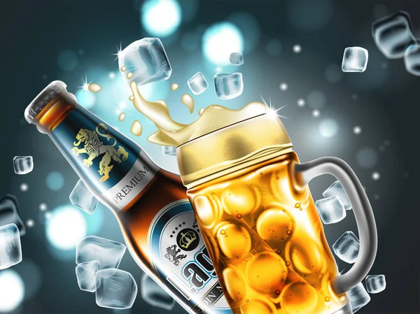 Бутылка Кружка Пива Фоне Прозрачных Кубиков Льда Весьма Реалистичная Иллюстрация — стоковый вектор