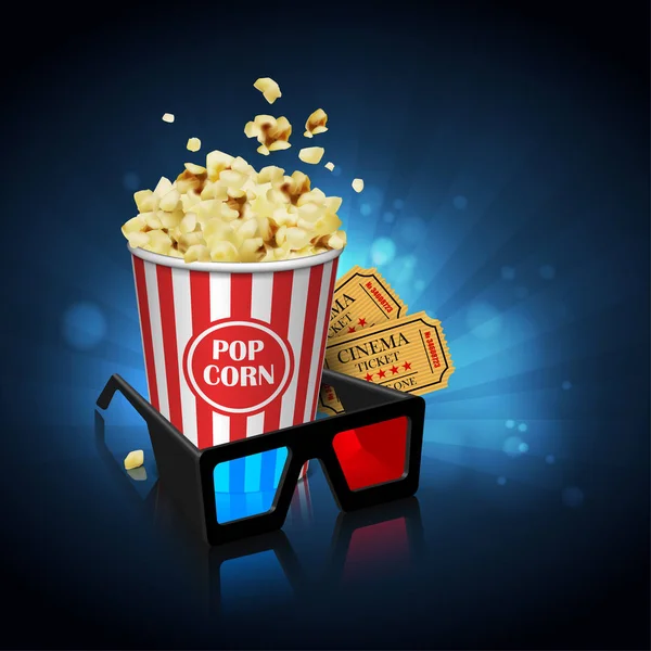 Illustration Pour Industrie Cinématographique Lunettes Pop Corn Billets Sur Une — Image vectorielle