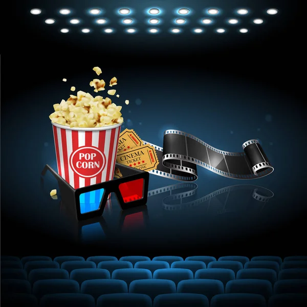 映画産業の例 ポップコーンと映画の画面のチケット 非常に詳細な図 — ストックベクタ