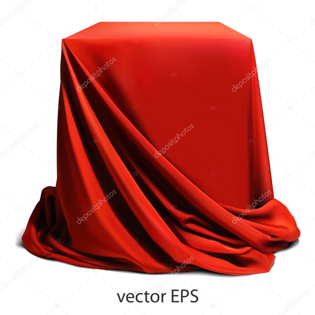Red silk fabric, beautifully draped on the podium, on a white background. Highly realistic illustration.