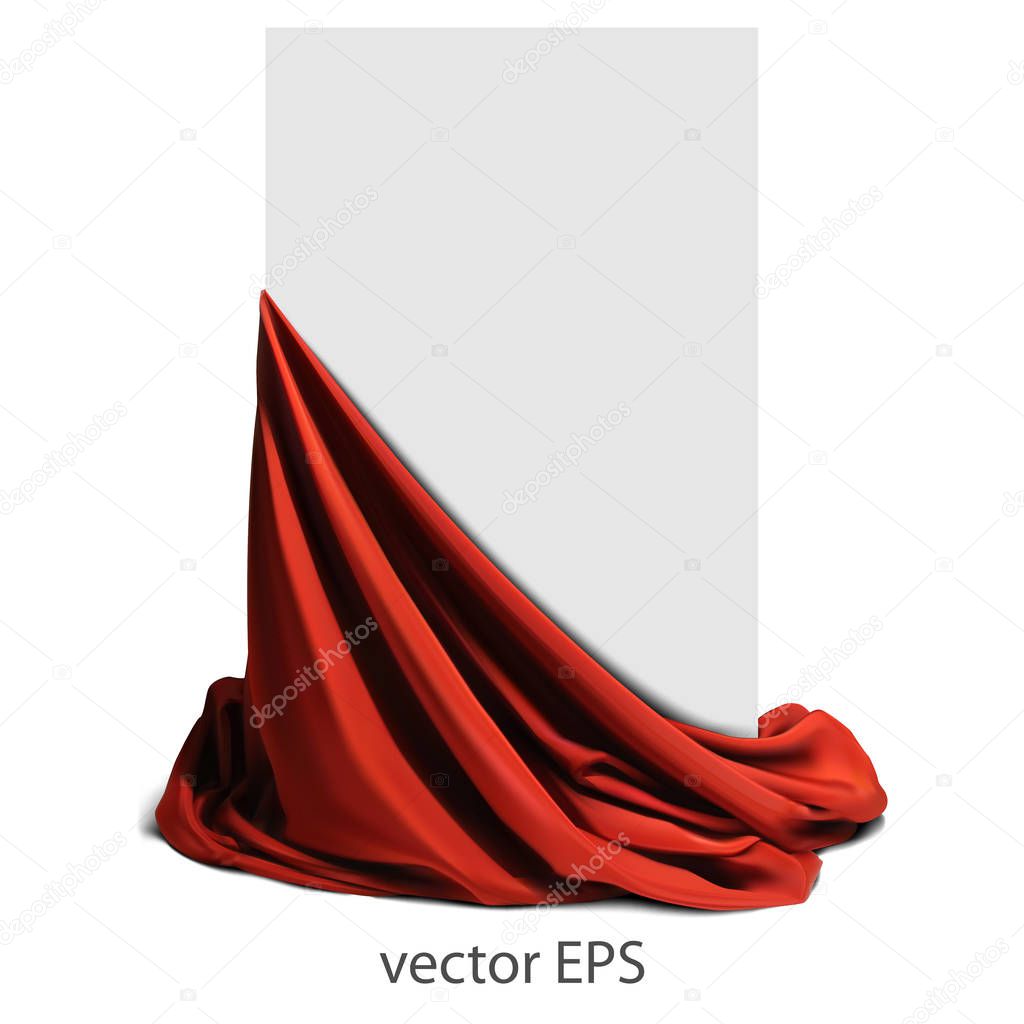 Beautifully draped red silk on a white background.  Place for your text. Highly realistic illustration.