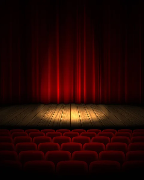 Ahşap Tiyatro Sahne Bir Kırmızı Perde Arka Plan Üzerinde Bir — Stok Vektör