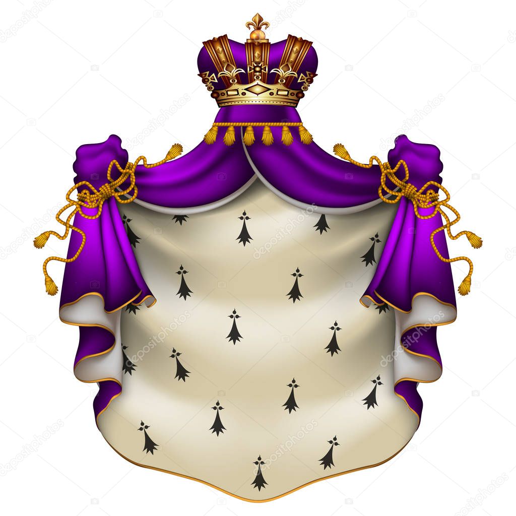 Heraldic background with a violet ermine royal mantle with a crown