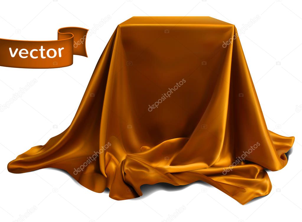 Brown silk fabric, beautifully draped on the podium, on a white background. Highly realistic illustration.