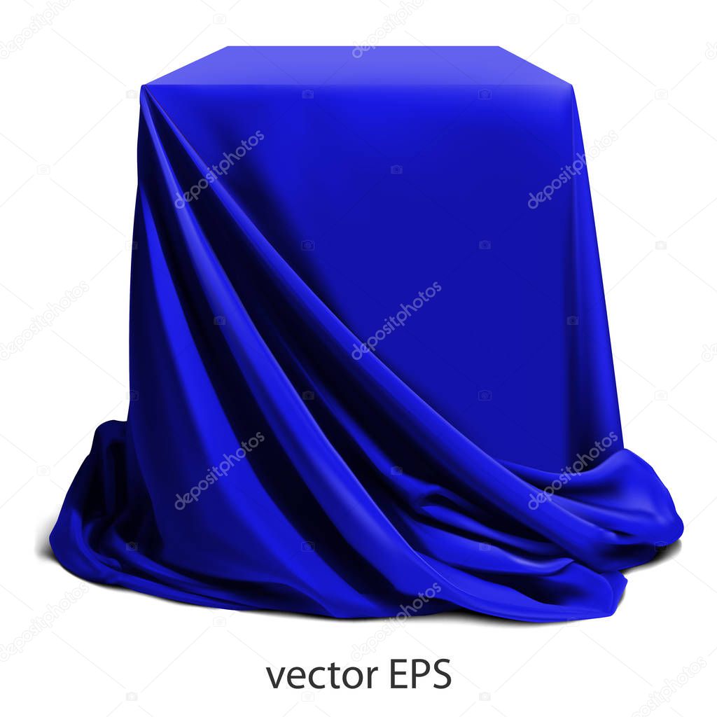 Blue silk fabric, beautifully draped on the podium, on a white background. Highly realistic illustration.