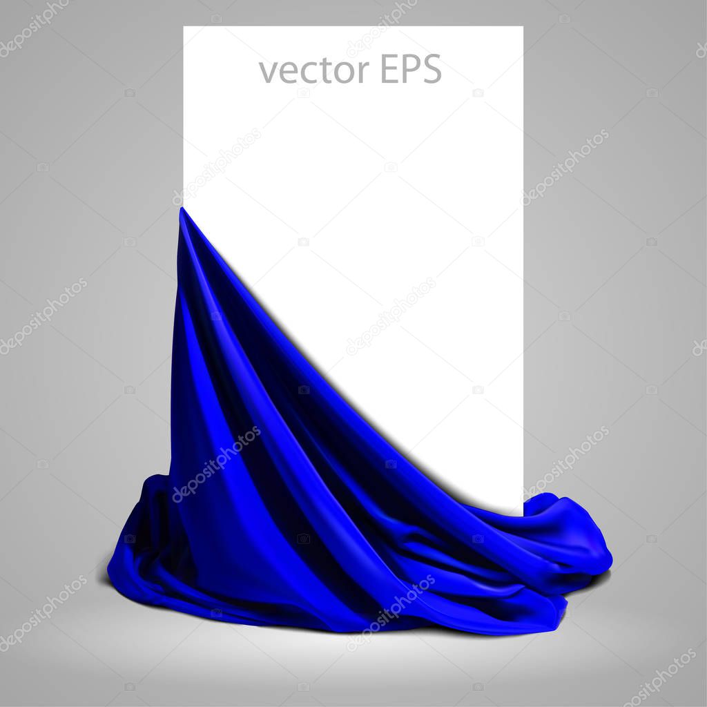Beautifully draped blue silk on a white background.  Place for your text. Highly realistic illustration.