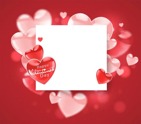 Tarjeta Blanca Para Texto Rodeado Corazones Brillantes Sobre Fondo Rojo — Vector de stock