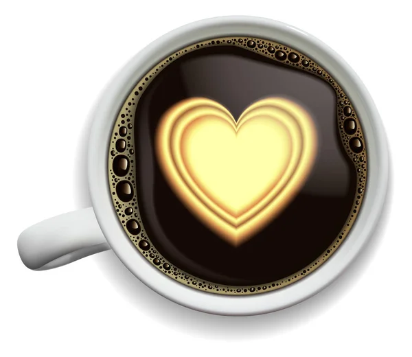 White Porcelain Cup Black Coffee Foam Brown Background Cup Heart — Stock Vector