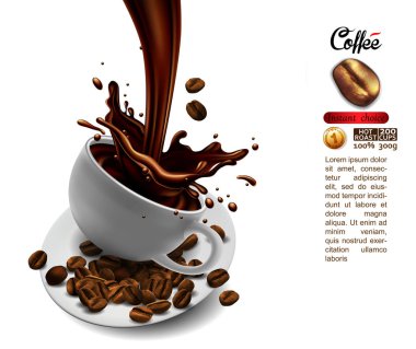 Kahve fincan kahve ve kahve çekirdekleri, yüksek detaylı gerçekçi illüstrasyon ile reklam tasarım