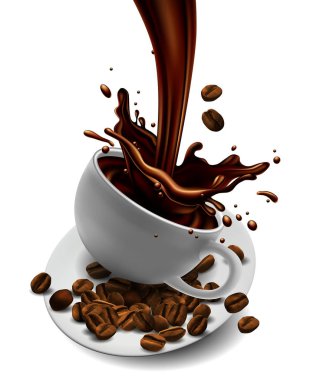 Beyaz porselen fincan kahve, bir daire ve bir jet bir splash etkisi ile kahve kahve çekirdekleri ile.