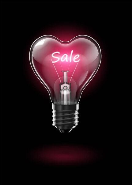 Transparent glowing heart-shaped light bulb on a dark background with the word Sale instead of a tungsten filament.