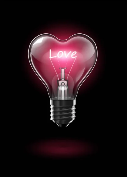 Transparent Glowing Heart Shaped Light Bulb Dark Background Word Love — Stock Vector