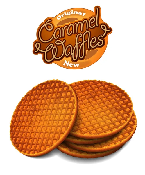 Waffles Caramelo Publicidade Waffles Redondos Com Uma Superfície Ondulada Inscrição — Vetor de Stock