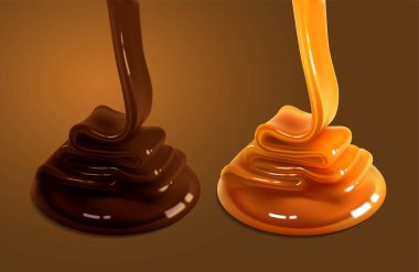 Two streams of caramel of golden and chocolate color flow to the surface and freeze in waves. clipart