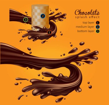 Çikolata reklam tasarımı. Sarı bir arka plan üzerinde damla ile eritilmiş çikolata dinamik hareketi. Yüksek detaylı gerçekçi illüstrasyon