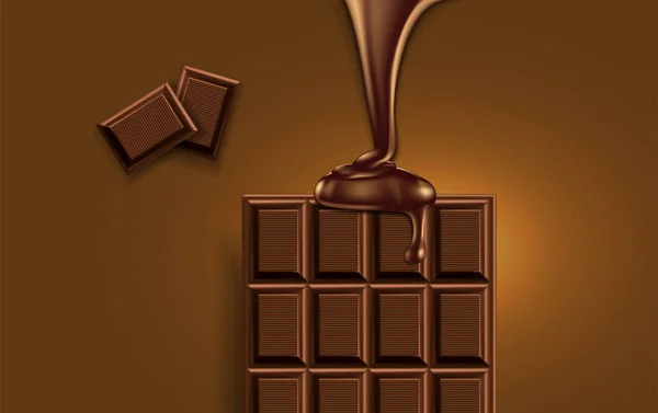 一半的巧克力 巧克力和液体巧克力倒在棕色的背景上 — 图库矢量图片