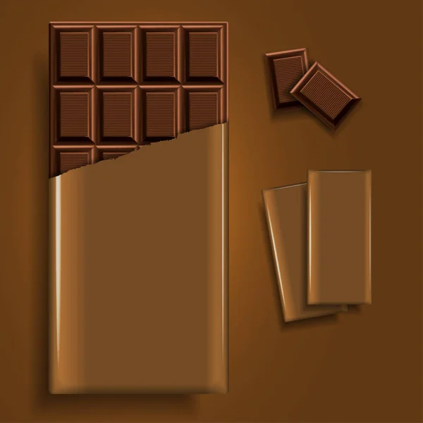 Una Barra Chocolate Paquete Dorado Desgarrado Unas Pocas Piezas Chocolate — Vector de stock