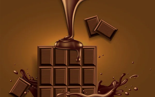 Helft Van Chocolade Een Chocolade Splash Stukjes Chocolade Vloeibare Chocolade — Stockvector