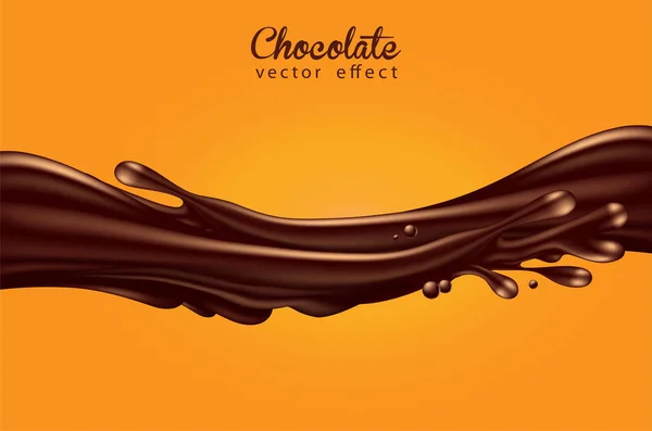 Jato Chocolate Líquido Brilhante Com Salpicos Gotas Fundo Amarelo — Vetor de Stock