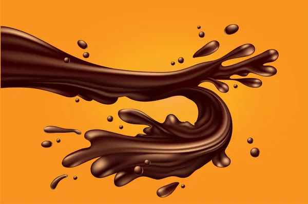 Sfondo Dinamico Getto Cioccolato Liquido Lucido Con Spruzzi Gocce Fondo — Vettoriale Stock