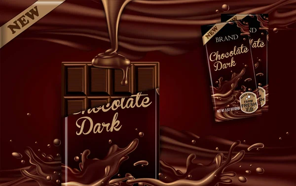 引き裂かれたパッケージの暗いチョコレートおよび液体チョコレート スプラッシュのテクスチャの背景の つのよりチョコレートのバー — ストックベクタ