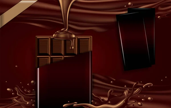 在液体巧克力和飞溅的背景下 一块黑巧克力在一个撕破的包裹里 又吃了两块巧克力 — 图库矢量图片